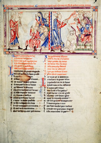 f.2 LtoR Thomas a Becket spreekt de excommunicatie uit over zijn vijanden en verdedigt zijn zaak voor Koning Hendrik II van Engeland en Koning Lodewijk VII van Frankrijk, uit de Becket Leaves, ca. 1220-40 door English School